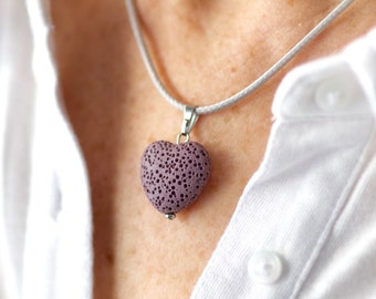 Collier Coeur pierre volcanique, lava stone, pierre de lave, collier d'huile essentielle, aromathérapie, acier inoxydable, collier diffuseur