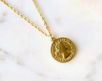 Colar de moeda de ouro, colar de aço inoxidável dourado, colar de moeda de ouro, colar de camadas, colar de ouro longo, colar de medalhão de ouro