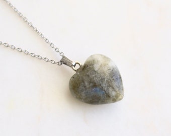 Collar de corazón de labradorita, colgante de corazón, joyería de corazón, collar de acero inoxidable, collar largo, piedra de labradorita, regalo para mamá