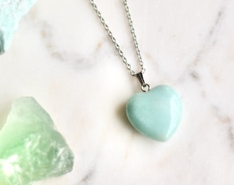 Collier Amazonite, collier coeur, pendentif coeur, pierres semi-précieuses, bijoux coeur, acier inoxydable, bijoux amazonite, cadeau femme