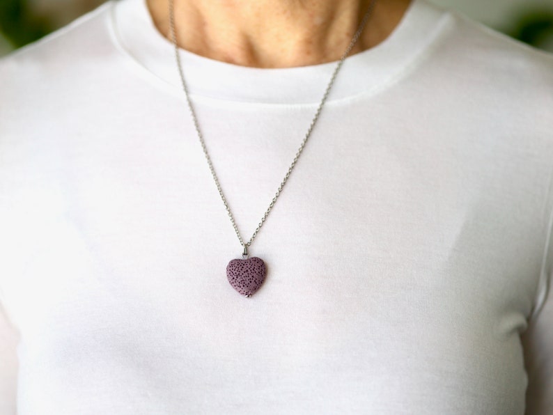 Heart Necklace, Natural Lava Volcanic Stone, Aromatherapy necklace, Stainless Steel Chain, Diffuser necklace, Pink Lava Stone, Nylon cord image 6