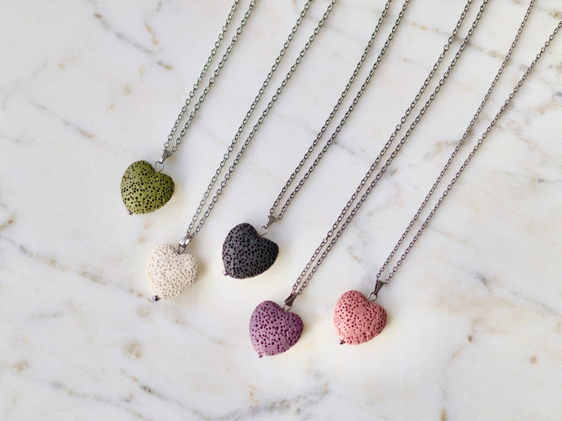 Heart Necklace, Natural Lava Volcanic Stone, Aromatherapy necklace, Stainless Steel Chain, Diffuser necklace, Pink Lava Stone, Nylon cord image 1