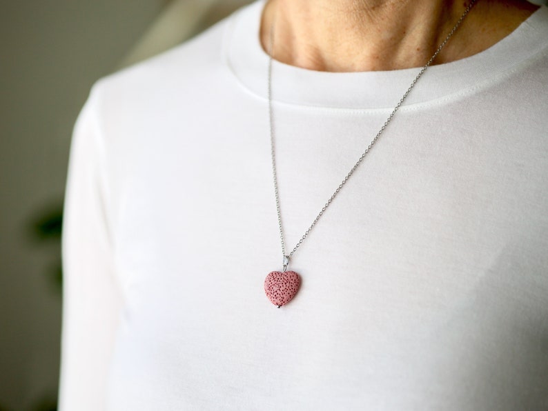 Heart Necklace, Natural Lava Volcanic Stone, Aromatherapy necklace, Stainless Steel Chain, Diffuser necklace, Pink Lava Stone, Nylon cord image 2