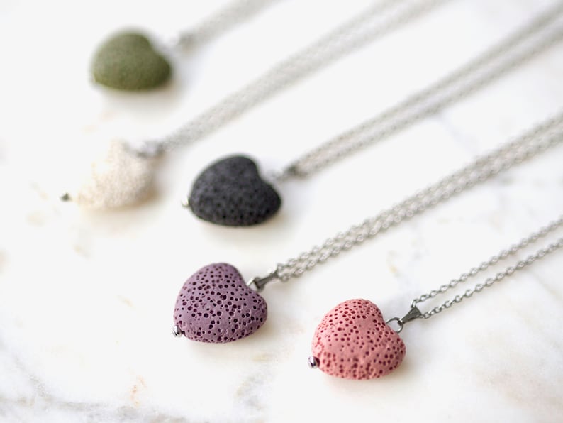 Heart Necklace, Natural Lava Volcanic Stone, Aromatherapy necklace, Stainless Steel Chain, Diffuser necklace, Pink Lava Stone, Nylon cord image 3