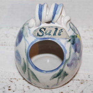 Vintage Pottery Salt Pot Open Front Blue & White Floral Pattern Embossed Letters &quot;Salt&quot; Pot