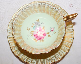 Vintage Royal Stafford Flared Teacup & Saucer Large Pink Rose Mint Green Very Wide Gold Gild Border Pink Roses Center