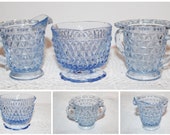 Set of 3 Blue Diamond Cut Glass Creamer Jug Sugar Bowl Open Border Fretwork Jam Jar Container