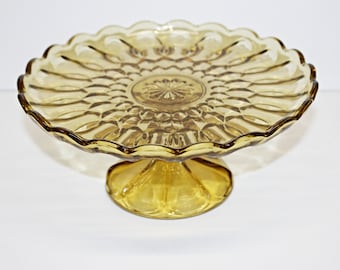 Vintage Amber Glass Pedestal Cake Plate, Scalloped Edges, Fairfield Pattern