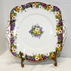 Vintage Paragon Cake Plate Handled in the Spring Melody Pattern Purple Violets and Yellow Primrose Border