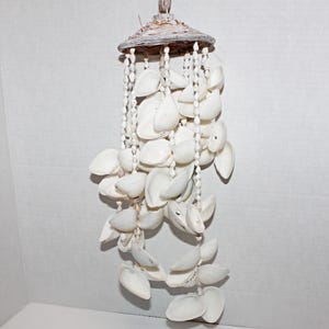 May include: A decorative wind chime made of white seashells. The chime features a woven top and strands of shells and beads hanging below. The shells are various sizes and shapes, creating a coastal or beach-themed aesthetic.