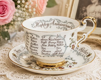 May include: A white porcelain teacup and saucer set with gold trim and a handle. The cup features the text Happy Anniversary and a list of anniversary themes from one to twelve, including Cotton, Paper, Leather, Flowers, Wood, and Silk.