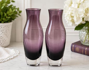 Vintage Amethyst Purple Art Glass Vases Pair – Clear Footed Base – Elegant Mid Century Style Bud Vases
