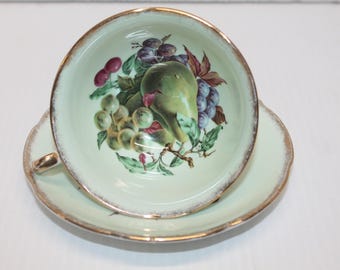 Vintage Royal Grafton Bone China Teacup & Saucer, Green Fruit Design