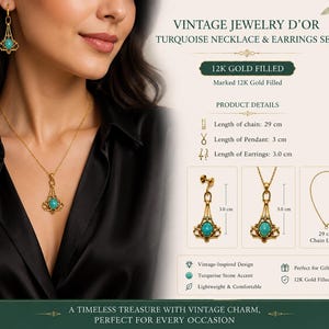 May include: A gold-colored necklace and earring set with turquoise accents. The necklace has a 29 cm chain and a 3 cm pendant. The earrings are 3 cm long. The set is vintage-inspired and made with 12K gold filled material.