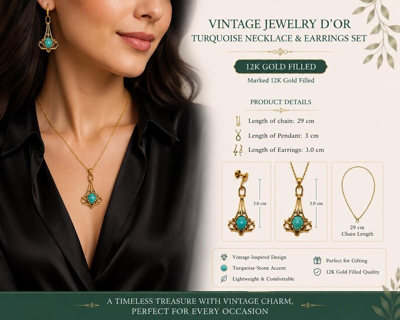 May include: A gold-colored necklace and earring set with turquoise accents. The necklace has a 29 cm chain and a 3 cm pendant. The earrings are 3 cm long. The set is vintage-inspired and made with 12K gold filled material.