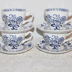 Vintage J & G Meakin Blue Nordic Teacups and Saucers Set of 4, Blue Onion Cups and Saucers