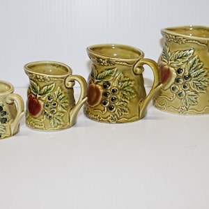 Vintage Majolica Measuring Cups, Set of 4 Graduated Ceramic Pitchers, Apple & Fruits Motif, Made in Japan, 1 Cup to 1/8th Cup