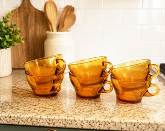 Vintage Amber Glass Coffee Mugs Set of 6, Mid Century, Very Good Condition.