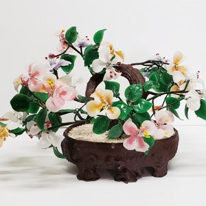 Vintage Glass Bonsai Tree Large, Multi Color Blossoms in Pink, White, Purple & Orange, Faux Wood Trunk and Pottery Pot Beautiful