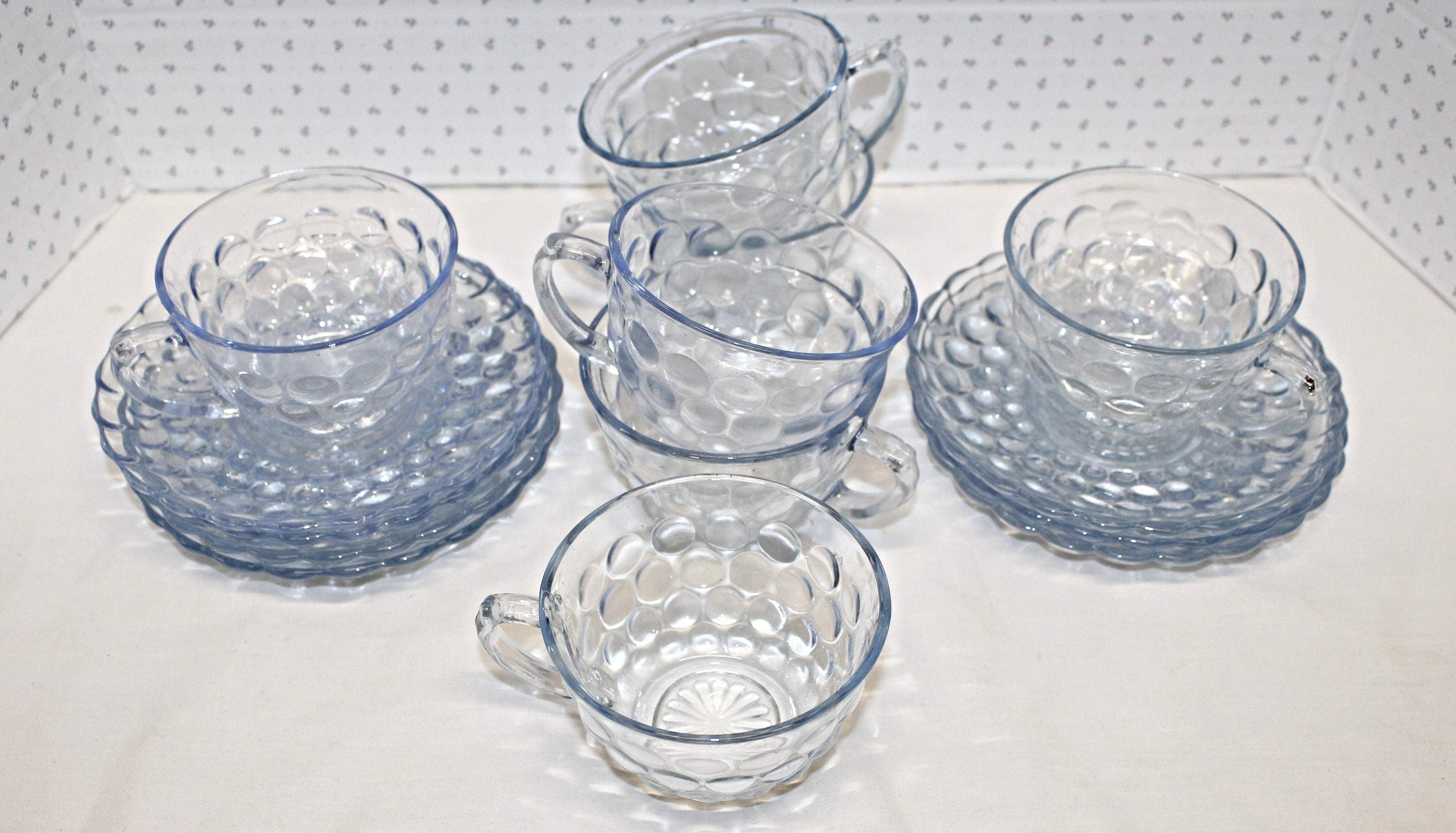 Vintage Anchor Hocking Blue Bubble Glass Cups & Saucers Set of 8