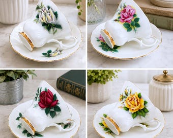 Vintage Royal Albert Sweetheart Rose Teacup & Saucer Sets – English Bone China (Set of 4)