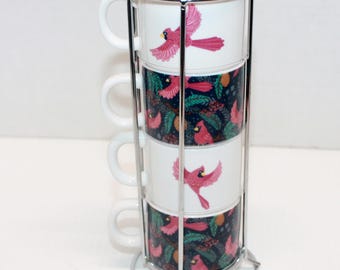 Coco + Lola Stacking Espresso Cups with Stand, Set of 4, Pink Birds, 2 Patterns, Black & Pink