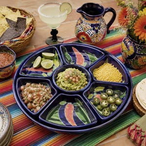 Vintage Talavera Divided Serving Tray Set | Hand Painted Mexican Pottery Appetizer Server | 7 Piece Chip & Dip Platter | 30" Round