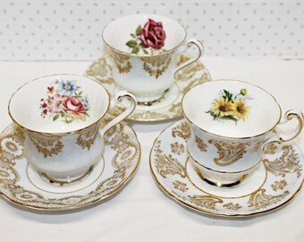 Vintage Paragon Teacups & Saucers Set of 3, Sea Green and Blue, Daisies and Roses Gold Gild Swag, Lot of 3 Sets, 1 Set Mismatched