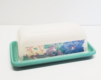 Vintage Ceramic Butter Dish with Lid, White and Aqua Greens, Blues & Purple Floral Design
