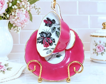 Vintage Royal Albert Masquerade Teacup & Saucer, Hot Pink Black Roses, Avon Shape, Gold Trim, English Bone China
