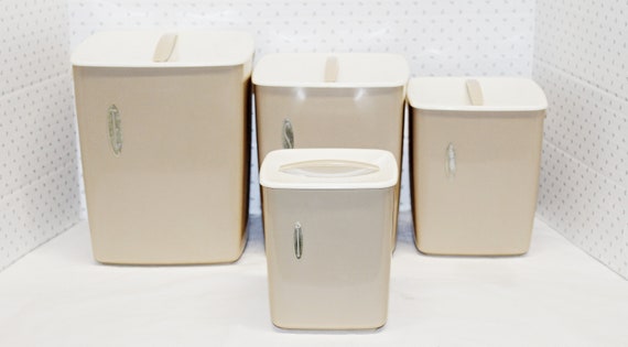 Vintage Rubbermaid Canister Set of 4 in Beige & White, Square