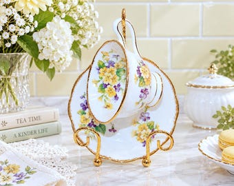 Vintage Royal Albert Primulette Teacup & Saucer, Yellow Purple Flowers, 1930s and 1970s Back stamps, English Bone China