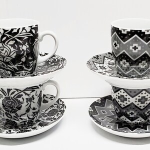 Vintage Espresso Coffee Cups & Saucers, Sake Cups, Set of 4, Colors Black, White and Grey, 4 Different Patterns, Very Nice