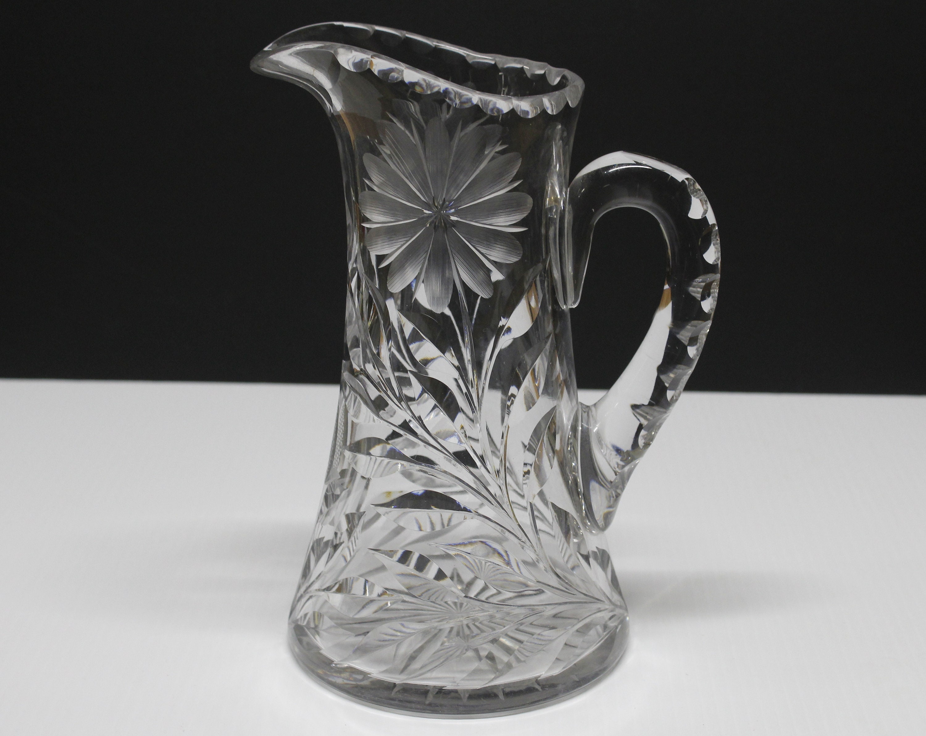 Vintage Large Glass Water Pitcher With Bright Flowers