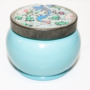 Vintage Avon Bird of Paradise Glass Turquoise Blue Jar, 5 oz (Empty) Cream Robin Egg Blue Jar c1950's, Original Decorated Lid image 1