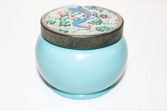 Vintage Avon Bird of Paradise Glass Turquoise Blue Jar, 5 oz (Empty) Cream Robin Egg Blue Jar c1950's, Original Decorated Lid