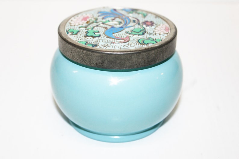 Vintage Avon Bird of Paradise Glass Turquoise Blue Jar, 5 oz (Empty) Cream Robin Egg Blue Jar c1950's, Original Decorated Lid image 1