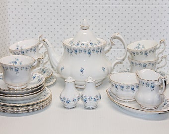 Vintage Royal Albert Memory Lane Tea Set 24 Pieces, Teapot, Teacups & Saucers, Side Plates, Cream, Sugar, Tray and Salt and Pepper Shakers..