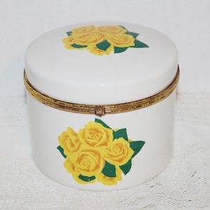 Vintage Vanity Storage Jar Lidded Large White Ceramic Jar with Big Yellow Roses Bedroom, Bathroom Keeper Storage container