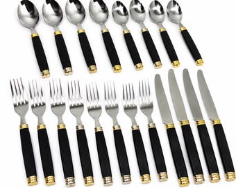 Vintage Cutlery Set of 20 Pieces, Forks,  Knives, Tablespoons,  Teaspoons, Black & Gold Handles