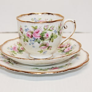 Vintage Roslyn England Trio Teacup & Saucer and Side Plate, Pink Roses Trio