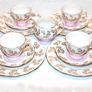 Vintage Colclough Bone China Pink and White Lunch Set,  13 Pieces, 4 Sets of Teacups, Saucers  and  Lunch Plates, Creamer Jug, Gold Gild.