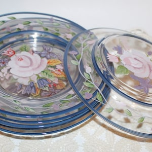 Vintage Lot of Blue Glass Plates Set of 6 or Shallow Bowls 8&quot; Across Shabby Chic Blue Trim Painted Pink Rose Center