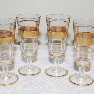 Vintage Cordial Glasses Set of 4 (four) Liqueur or After Dinner Glasses Gold Bars, Gold Floral Band Very Nice