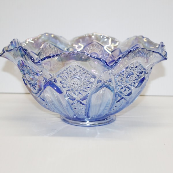 Vintage L. E. Smith Glass, Handmade Blue Carnival Glass Deep Serving Bowl, Iridescent Blue, Heritage Line, Scalloped Edge, Gorgeous