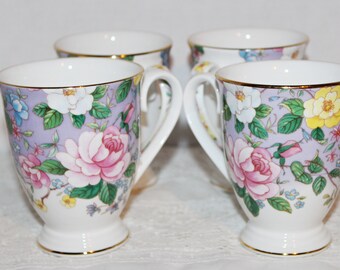 Vintage Royal Grafton Coffee Mugs, Coffee Cups Bone China Set of 4 Chelsea Garden Pattern Lavender Cups, Roses, Garden Florals Beautiful.