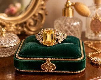 Vintage HINZ 10K Yellow Gold Ring | Lab-Created Yellow Topaz | Emerald Cut | Art Deco Revival | Size 6.5