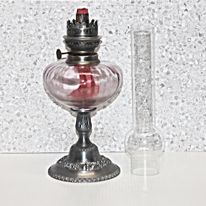 Vintage Oil Lamp Clear Ribbed Glass with Etched Roses Pewter Base and Tube Chimney Very Good Condition 21&quot; Tall
