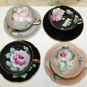 Vintage Porcelain Teacups & Saucer Sets Lot of 4 Sets, Large Pink Flowers, Grey, Black and Peach VGC Made in Japan Very Pretty