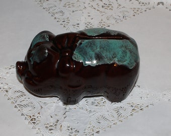 Vintage Brown Pottery & Turquoise Drip Piggy Bank Nicely Glazed Good Size Piggy with Rubber Stopper